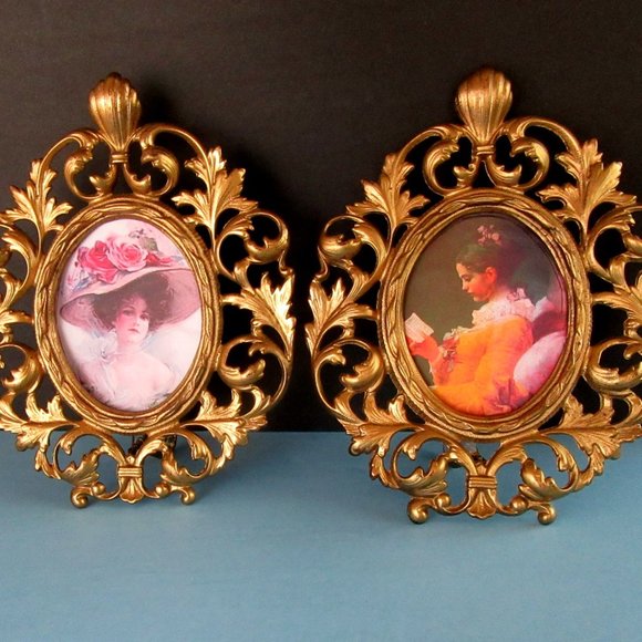 Vintage gold scrolled metal Art Nouveau reproduction picture frames - set of 2 - Picture 2 of 9